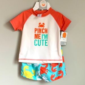 NWT 6 month Carter’s swim shorts and rash guard crab set “pinch me I’m cute”
